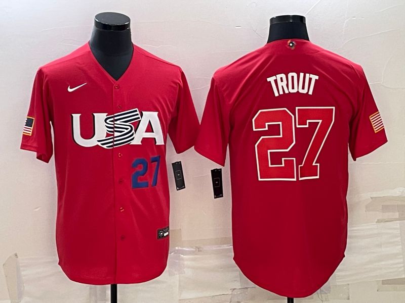 Men 2023 World Cub USA #27 Trout Red Nike MLB Jersey2->more jerseys->MLB Jersey